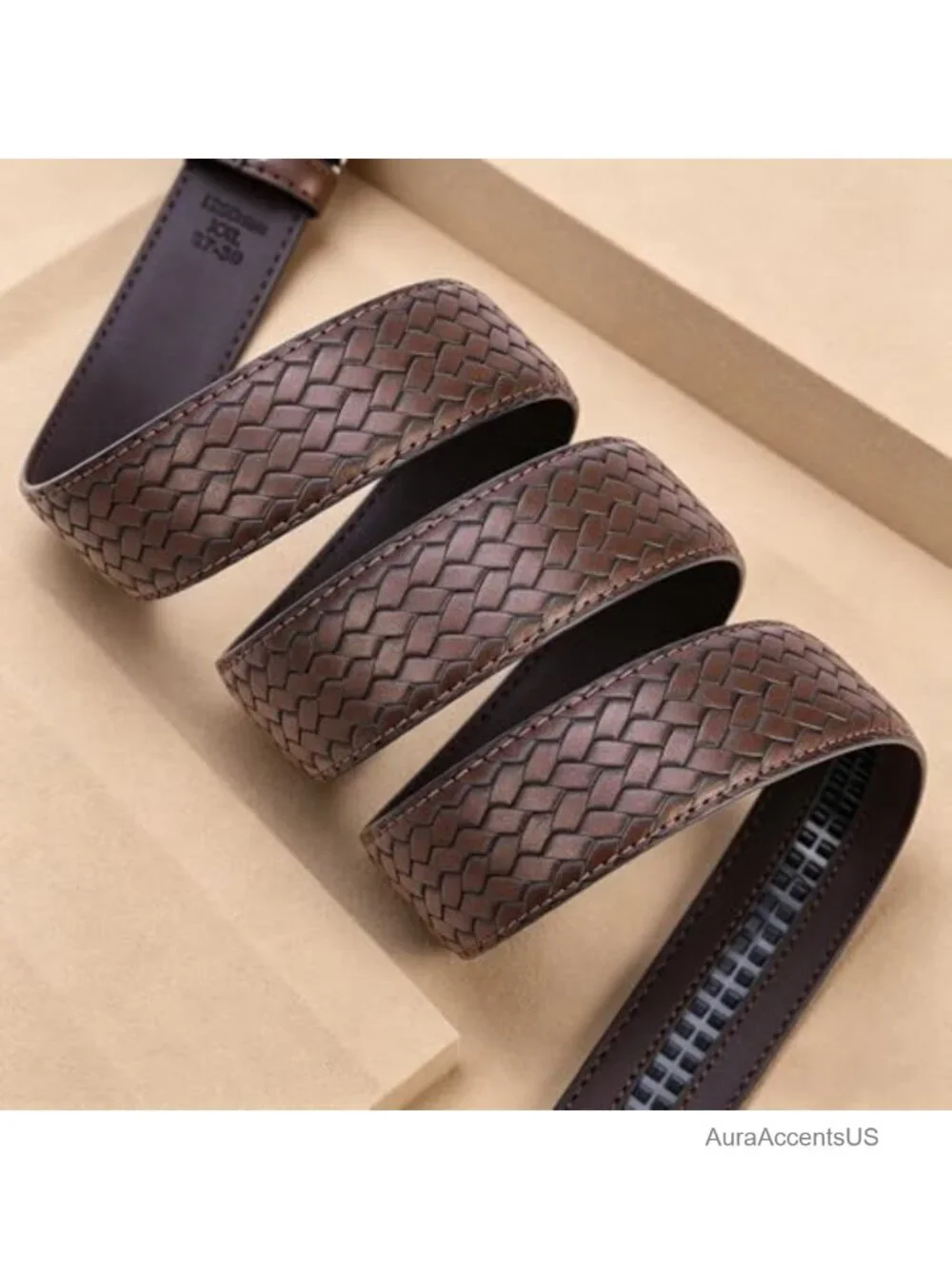 Men's Woven Leather Ratchet Belt, Adjustable Slide Dress Belt with Automatic